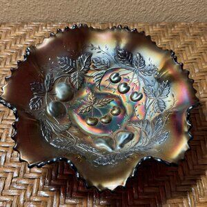 Vintage Northwood Three Fruits Amethyst Iridescent Carnival Glass Bowl